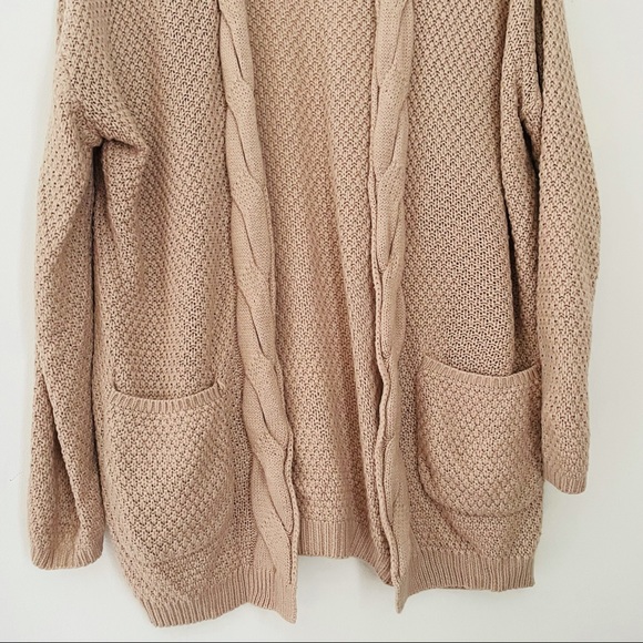 Neutral Mauve Tan Knit Open Cardigan Sweater with Deep Front Pockets - Picture 3 of 13